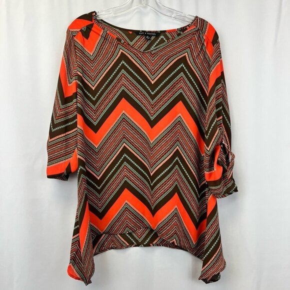 Zac & Rachel Womens Blouse Multicolor Chevron 3/4 Sleeve V Neck Shark Bite M - Picture 1 of 11